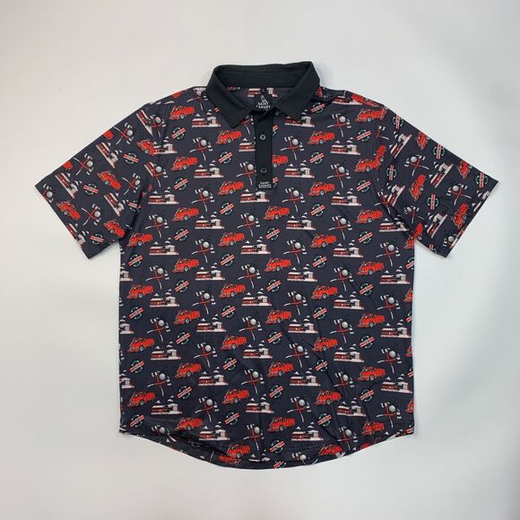 Saint Canary Polo Shirt Mens L Large Black Stretch Allover Fire Truck Axe Golf - Picture 2 of 10
